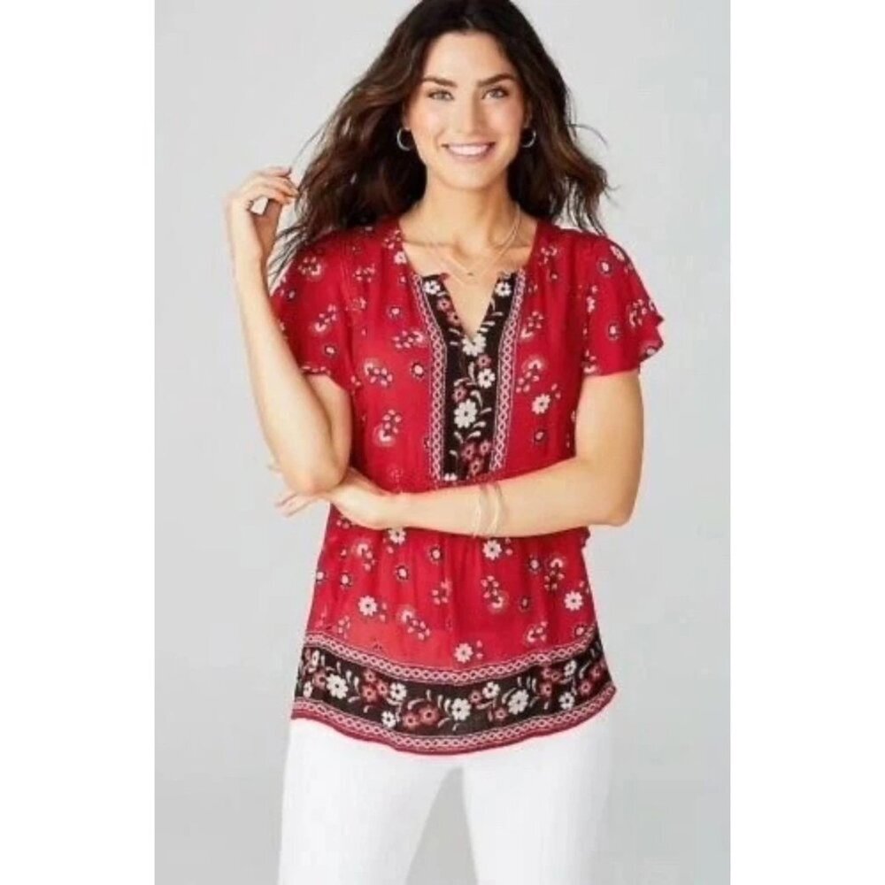 J Jill Women's Size S Cherry Red Floral Ruffle Short Flutter Sleeve Blouse Top